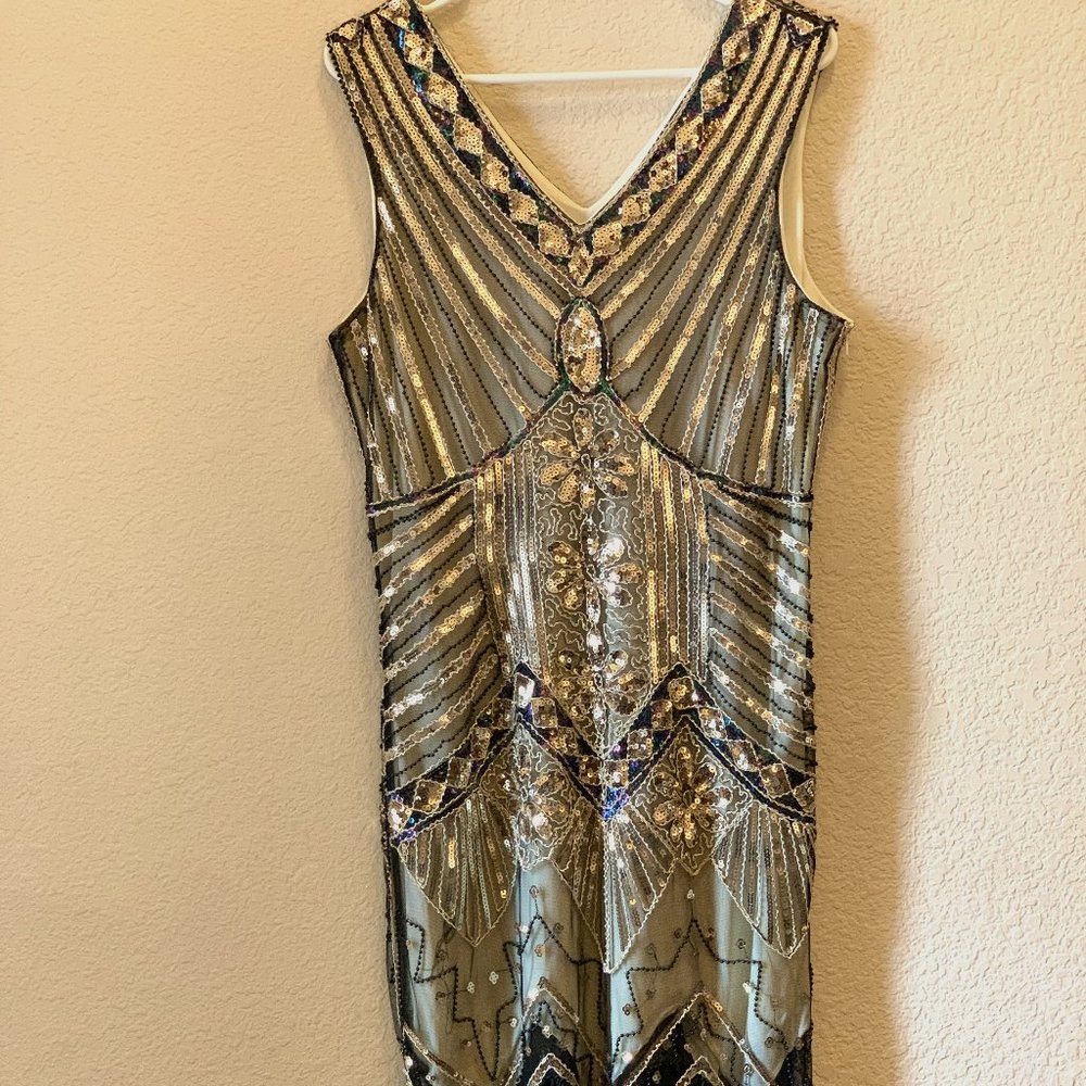 Black and Gold/Multi Sequin Flapper Dress, Size XL